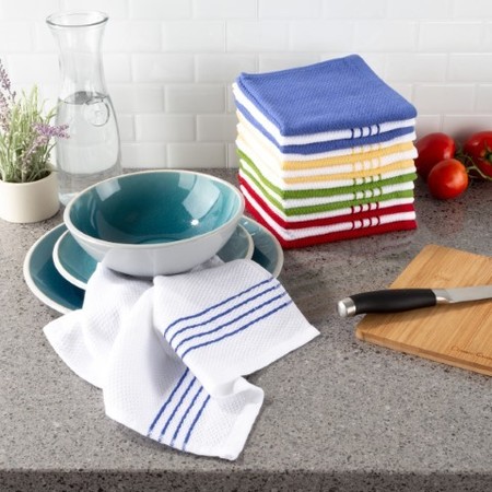 HASTINGS HOME Set of 16 Kitchen Dish Cloth, 12.5x12.5", 100-percent Cotton, 4 Vintage Striped and 4 Solid Color 510517BXM